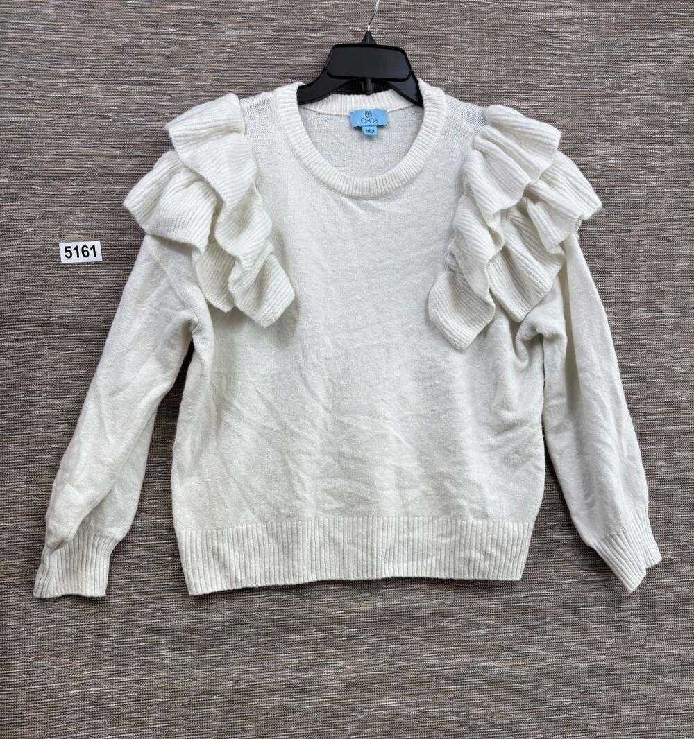 CeCe Sweater Womens L White Ruffle Shoulder Long Sleeve Crew Neck Knit Pullover